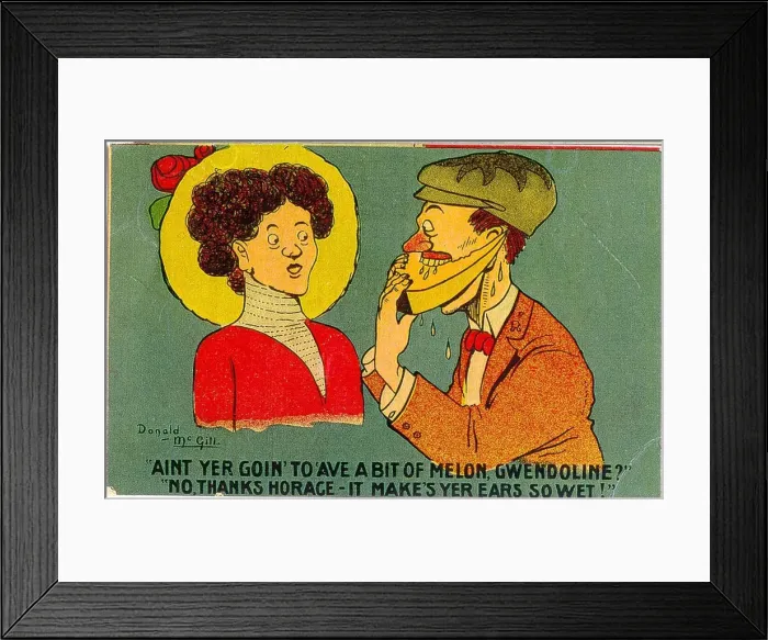 Framed Print : Comic postcard, Man eating slice of melon Date: 20th century Framed Print : Comic postcard, Man eating slice of melon Date: 20th century