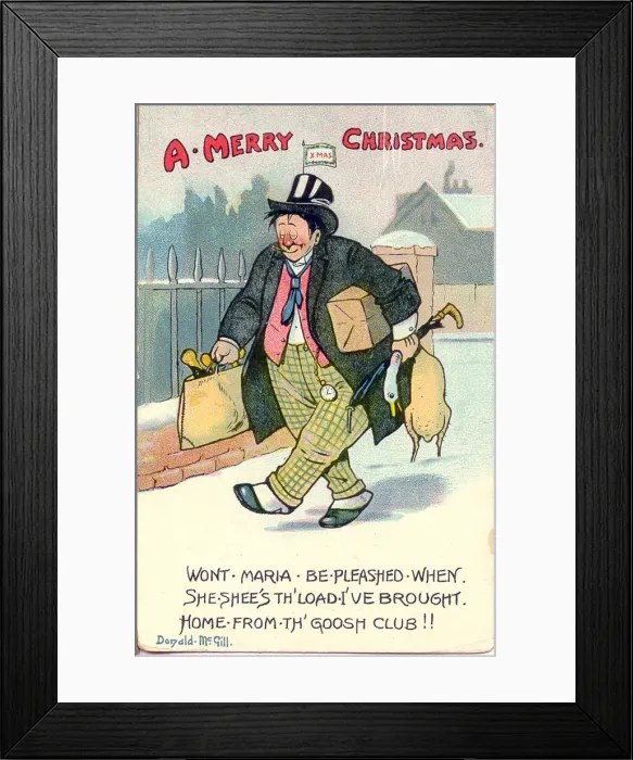 Framed Print : Christmas postcard, Drunken man going home with goodies from the Goose Club Date Framed Print : Christmas postcard, Drunken man going home with goodies from the Goose Club Date