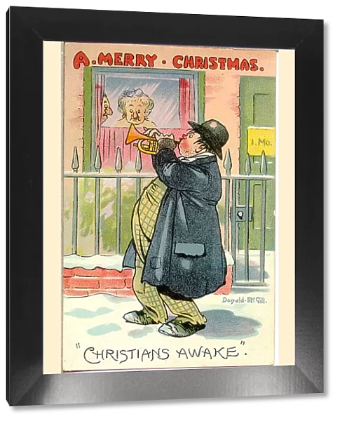 Christmas postcard, Man playing bugle in the street - Christians Awake Date