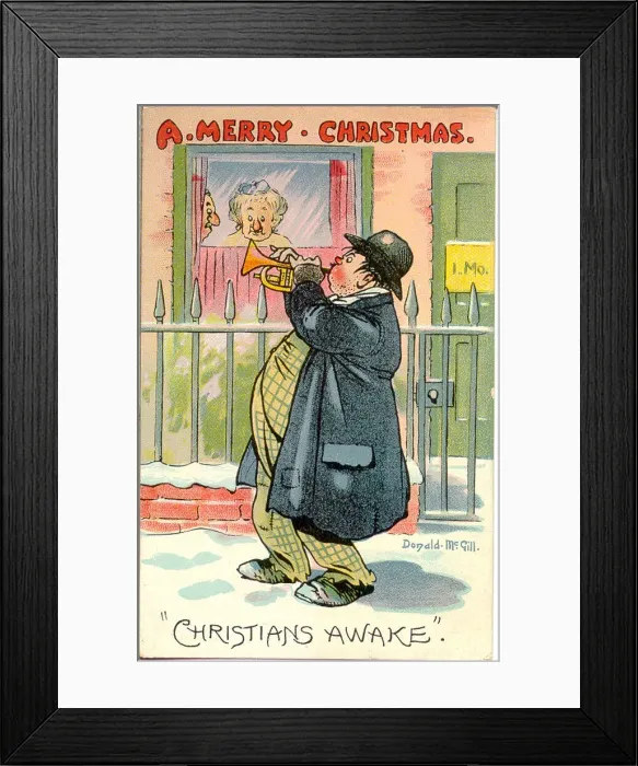 Framed Print : Christmas postcard, Man playing bugle in the street - Christians Awake Date Framed Print : Christmas postcard, Man playing bugle in the street - Christians Awake Date