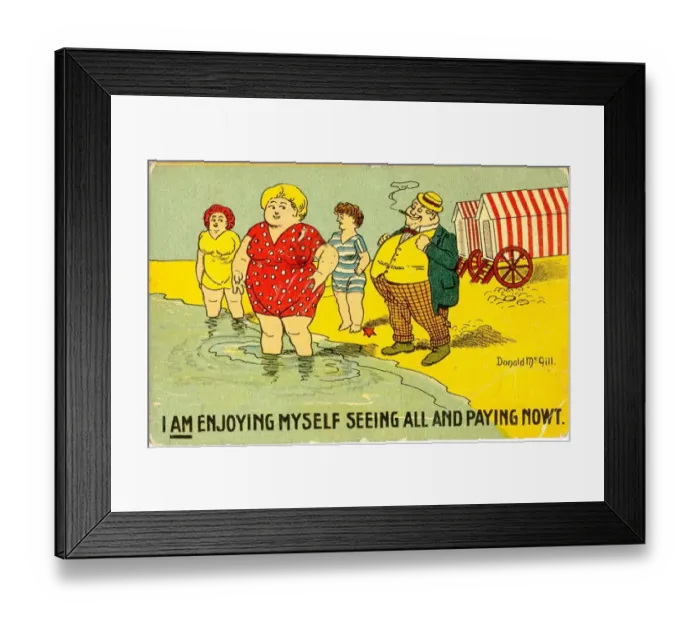 Framed Print : Comic postcard, Man watching women at the seaside Date: 20th century Framed Print : Comic postcard, Man watching women at the seaside Date: 20th century