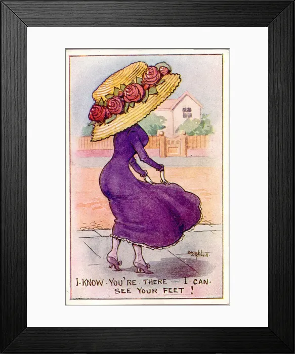 Framed Print : Comic postcard, Edwardian woman in large hat Framed Print : Comic postcard, Edwardian woman in large hat