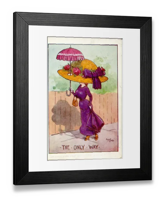 Framed Print : Comic postcard, Edwardian woman in large hat Framed Print : Comic postcard, Edwardian woman in large hat