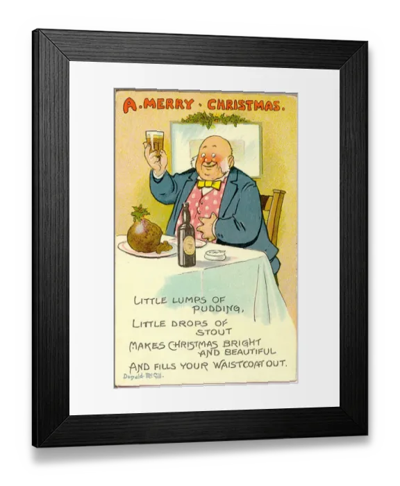 Framed Print : Christmas postcard, Man at a table with pudding and stout Date: 20th century Framed Print : Christmas postcard, Man at a table with pudding and stout Date: 20th century