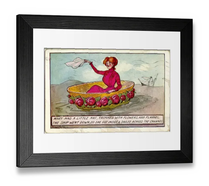 Framed Print : Comic postcard, Edwardian woman at sea in large hat Framed Print : Comic postcard, Edwardian woman at sea in large hat