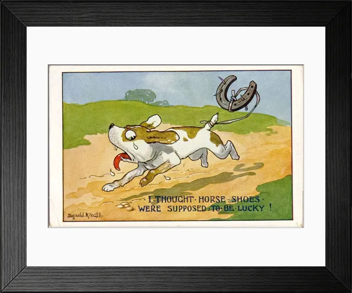 Framed Print : Comic postcard, Dog with horseshoe tied to tail Framed Print : Comic postcard, Dog with horseshoe tied to tail