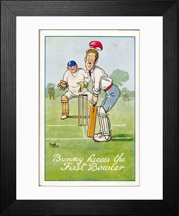Framed Print : Comic postcard, Bunny faces the fast bowler Date: 20th century Framed Print : Comic postcard, Bunny faces the fast bowler Date: 20th century