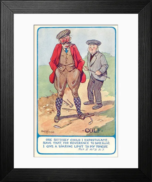 Framed Print : Comic postcard, Angry golfer with broken clubs, trying not to swear in front of the vicar Framed Print : Comic postcard, Angry golfer with broken clubs, trying not to swear in front of the vicar