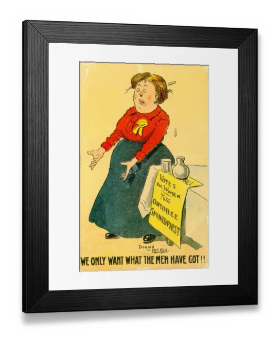 Framed Print : Comic postcard, Votes for Women satire - We only want what the men have got Framed Print : Comic postcard, Votes for Women satire - We only want what the men have got
