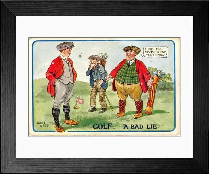 Framed Print : Comic postcard, Golfer tells a lie, and everybody knows it Date: 20th century Framed Print : Comic postcard, Golfer tells a lie, and everybody knows it Date: 20th century
