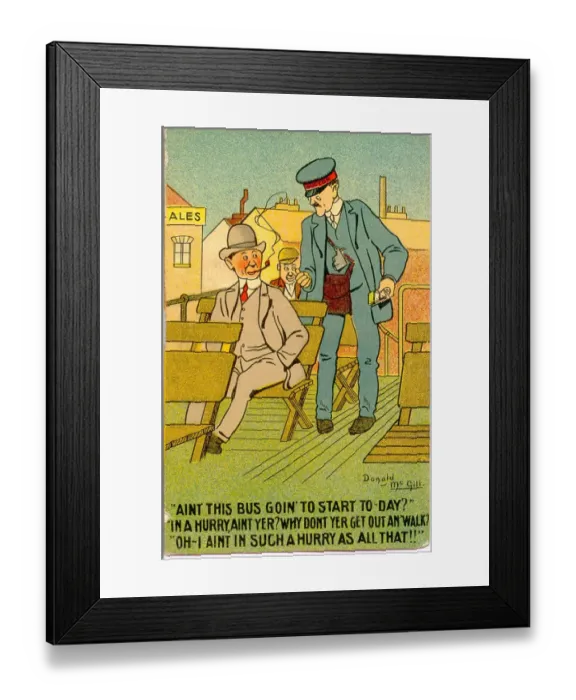 Framed Print : Comic postcard, Passenger on top deck of bus talks to conductor Date: 20th century Framed Print : Comic postcard, Passenger on top deck of bus talks to conductor Date: 20th century