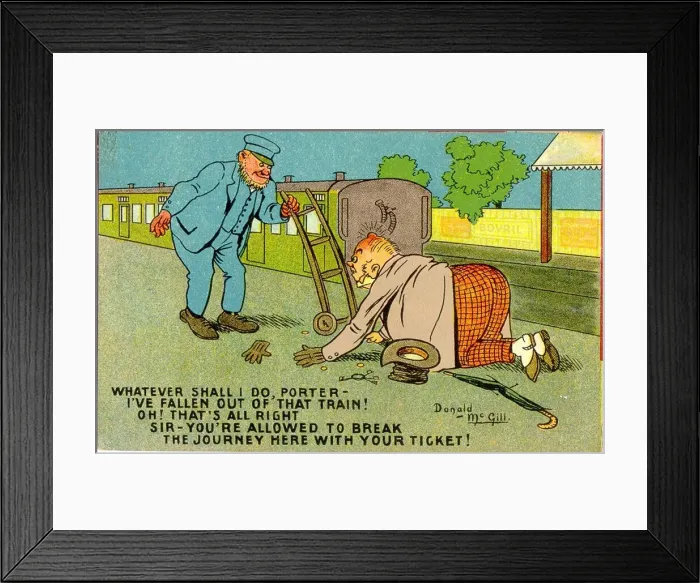 Framed Print : Comic postcard, Man and porter on railway platform Date: 20th century Framed Print : Comic postcard, Man and porter on railway platform Date: 20th century