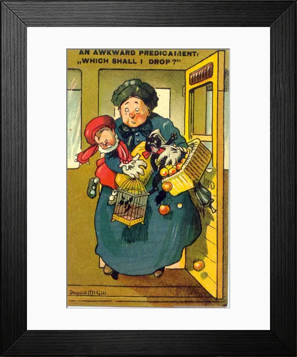Framed Print : Comic postcard, Woman with her hands full on a train - Which shall I drop Framed Print : Comic postcard, Woman with her hands full on a train - Which shall I drop