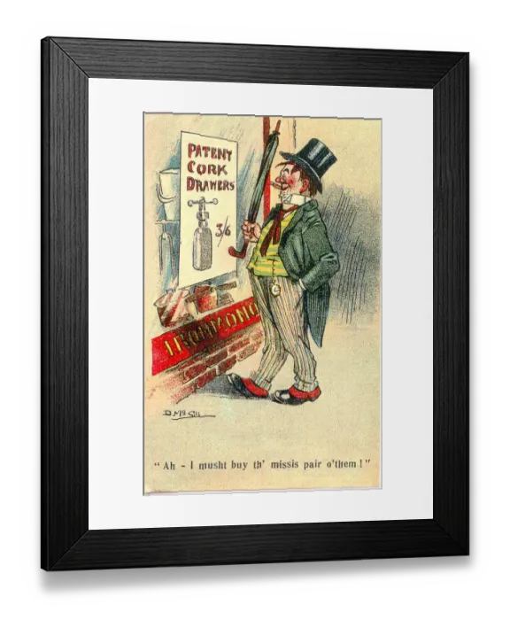 Framed Print : Comic postcard, Drunken man, patent cork drawers Date: 20th century Framed Print : Comic postcard, Drunken man, patent cork drawers Date: 20th century