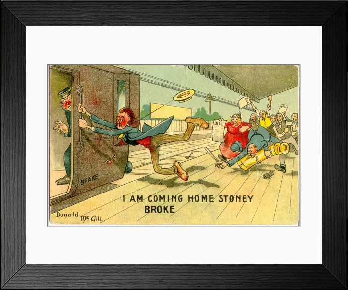 Framed Print : Comic postcard, Man racing for the train, pursued by his creditors Date: 20th century Framed Print : Comic postcard, Man racing for the train, pursued by his creditors Date: 20th century