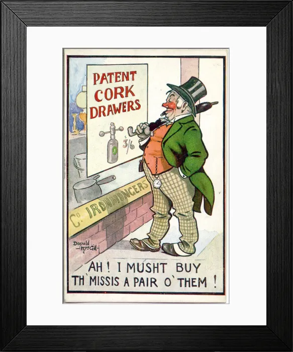Framed Print : Comic postcard, Drunken man, patent cork drawers Date: 20th century Framed Print : Comic postcard, Drunken man, patent cork drawers Date: 20th century