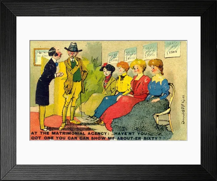 Framed Print : Comic postcard, Scene at a matrimonial agency Date: 20th century Framed Print : Comic postcard, Scene at a matrimonial agency Date: 20th century
