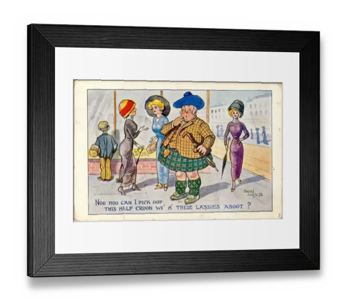 Framed Print : Comic postcard, Scotsman in the street - how to pick up a half crown Framed Print : Comic postcard, Scotsman in the street - how to pick up a half crown