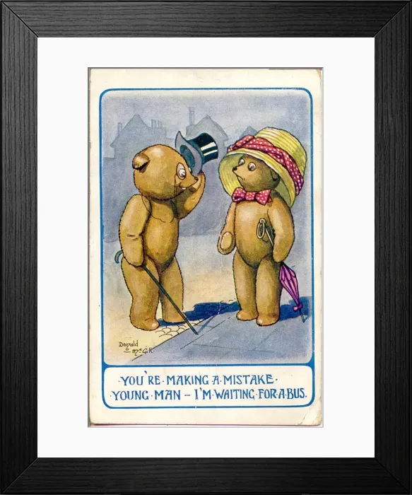Framed Print : Comic postcard, Teddy bears in the street. I m waiting for a bus. Date: 20th century Framed Print : Comic postcard, Teddy bears in the street. I m waiting for a bus. Date: 20th century