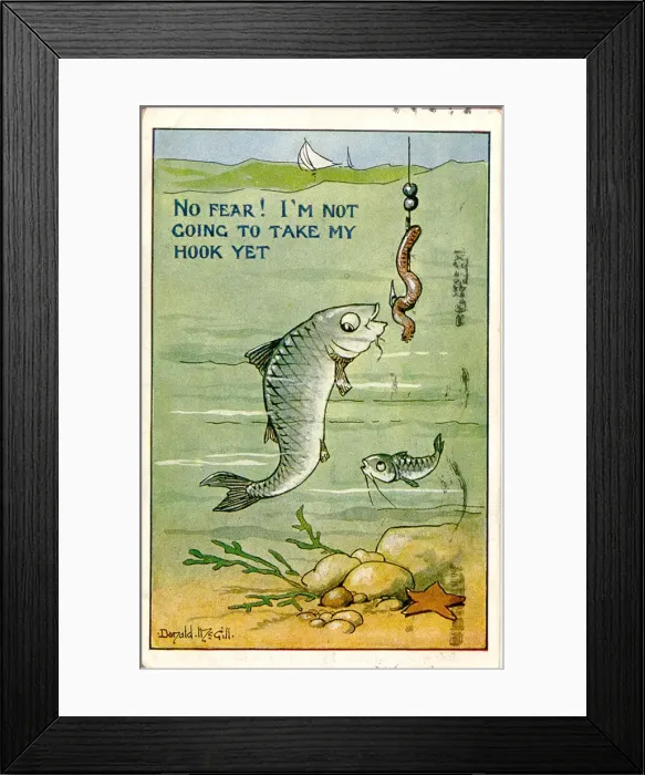 Framed Print : Comic postcard, Fish avoids worm and hook Date: 20th century Framed Print : Comic postcard, Fish avoids worm and hook Date: 20th century