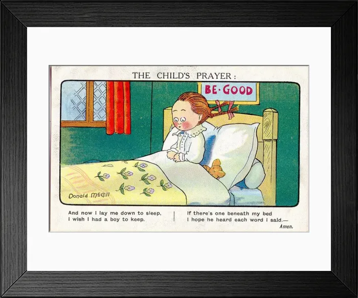 Framed Print : Comic postcard, Little girls bedtime prayer Date: 20th century Framed Print : Comic postcard, Little girls bedtime prayer Date: 20th century