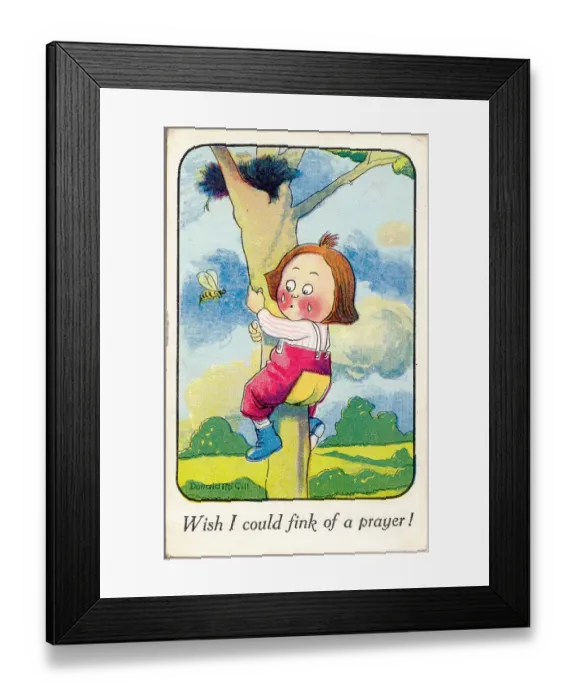 Framed Print : Comic postcard, Little girl up a tree Date: 20th century Framed Print : Comic postcard, Little girl up a tree Date: 20th century