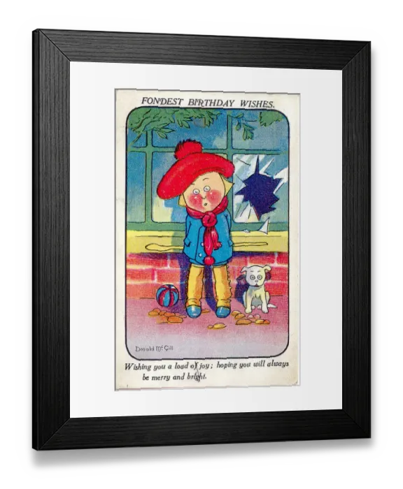 Framed Print : Comic birthday postcard, Little girl with dog Date: 20th century Framed Print : Comic birthday postcard, Little girl with dog Date: 20th century