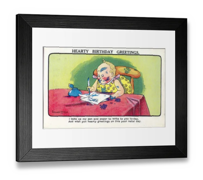 Framed Print : Comic birthday postcard, Little girl writing greetings Framed Print : Comic birthday postcard, Little girl writing greetings