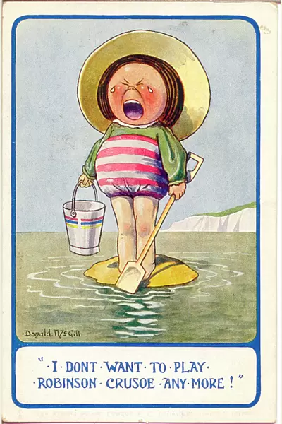 Comic postcard, Little girl at the seaside, marooned on a pile of sand