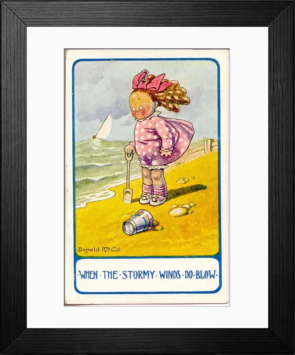 Framed Print : Comic postcard, Little girl at the seaside on a windy day Date: 20th century Framed Print : Comic postcard, Little girl at the seaside on a windy day Date: 20th century
