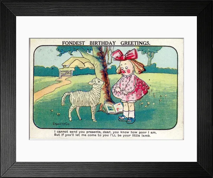 Framed Print : Comic birthday postcard, Little girl with lamb Date: 20th century Framed Print : Comic birthday postcard, Little girl with lamb Date: 20th century