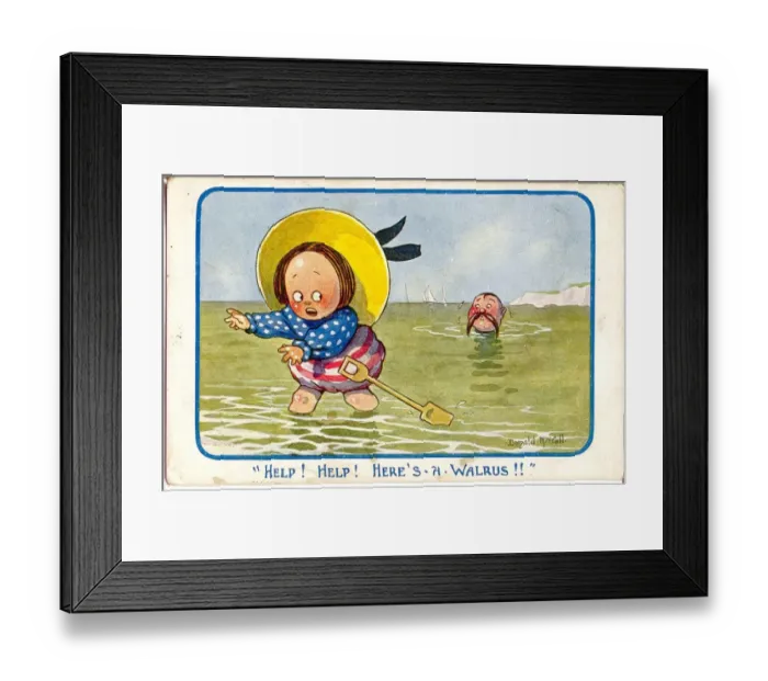Framed Print : Comic postcard, Little girl at the seaside Framed Print : Comic postcard, Little girl at the seaside