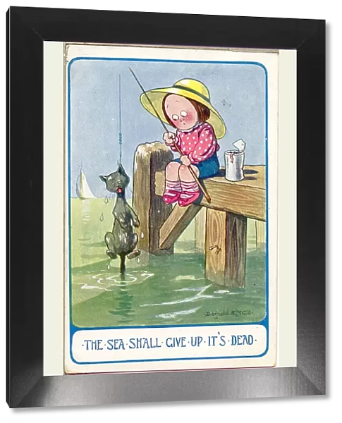 Comic postcard, Little girl fishing at the seaside Date: 20th century