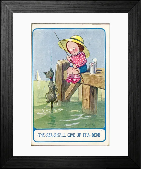 Framed Print : Comic postcard, Little girl fishing at the seaside Date: 20th century Framed Print : Comic postcard, Little girl fishing at the seaside Date: 20th century