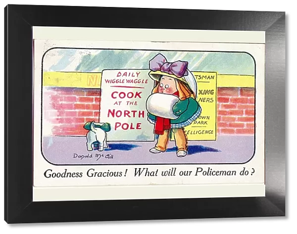 Comic postcard, Little girl with dog - Cook at the North Pole Date: 20th century