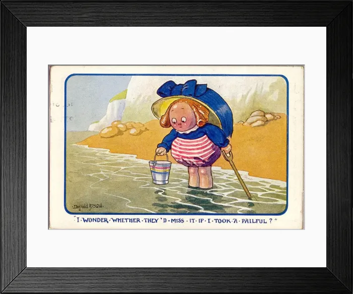 Framed Print : Comic postcard, Little girl paddling at the seaside Date: 20th century Framed Print : Comic postcard, Little girl paddling at the seaside Date: 20th century
