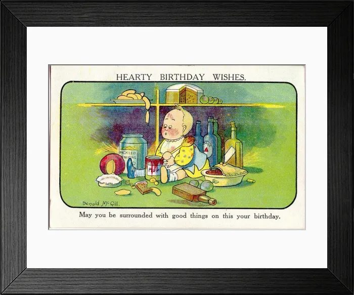 Framed Print : Comic birthday postcard, Little child with food and drink Date: 20th century Framed Print : Comic birthday postcard, Little child with food and drink Date: 20th century