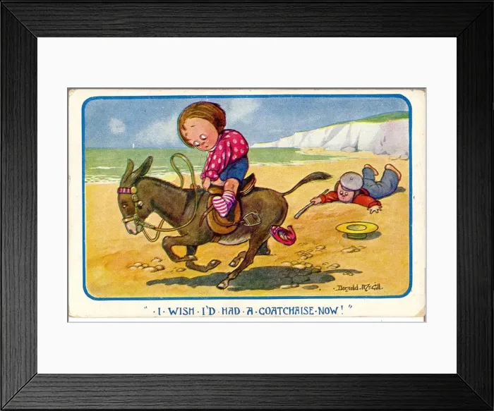Framed Print : Comic postcard, Little child at the seaside on a donkey Date: 20th century Framed Print : Comic postcard, Little child at the seaside on a donkey Date: 20th century