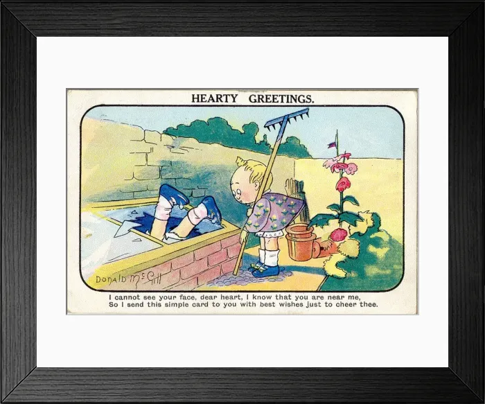 Framed Print : Comic postcard, Two children in a garden Date: 20th century Framed Print : Comic postcard, Two children in a garden Date: 20th century