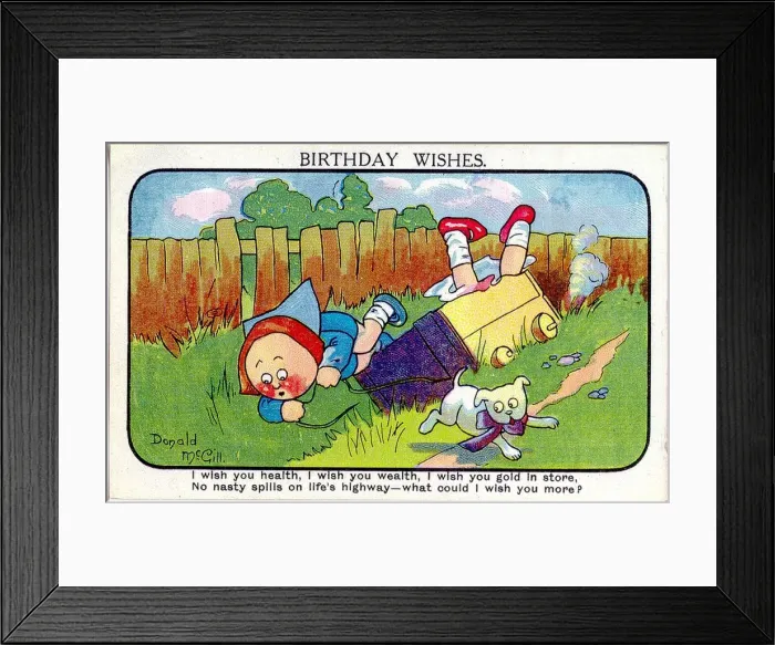 Framed Print : Comic birthday postcard, Two children in a garden, falling out of a cart Date Framed Print : Comic birthday postcard, Two children in a garden, falling out of a cart Date