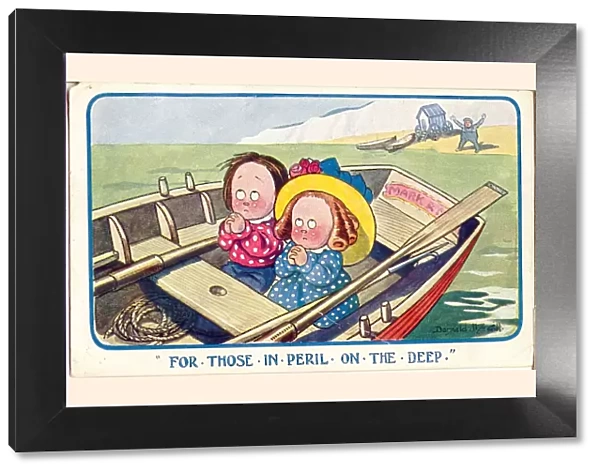 Comic postcard, Two children at the seaside in a boat Date: 20th century