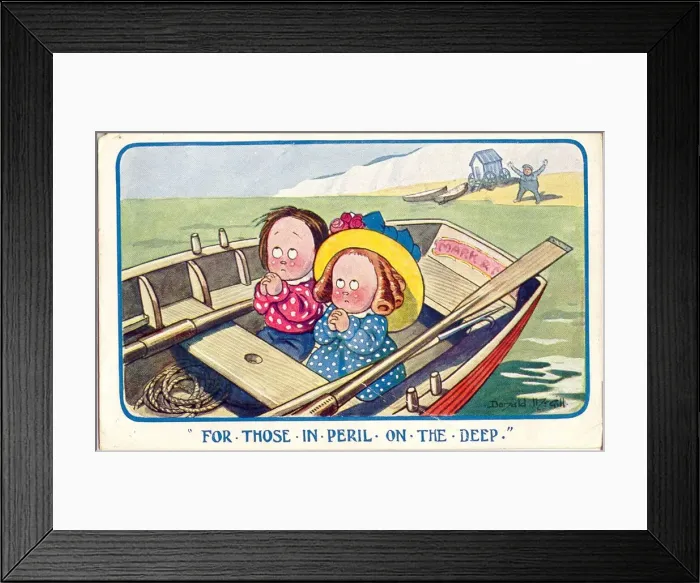 Framed Print : Comic postcard, Two children at the seaside in a boat Date: 20th century Framed Print : Comic postcard, Two children at the seaside in a boat Date: 20th century