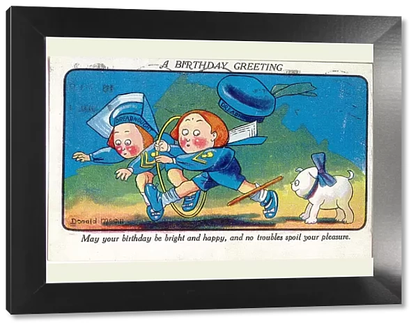 Comic birthday postcard, Two children in sailor suits Date: 20th century