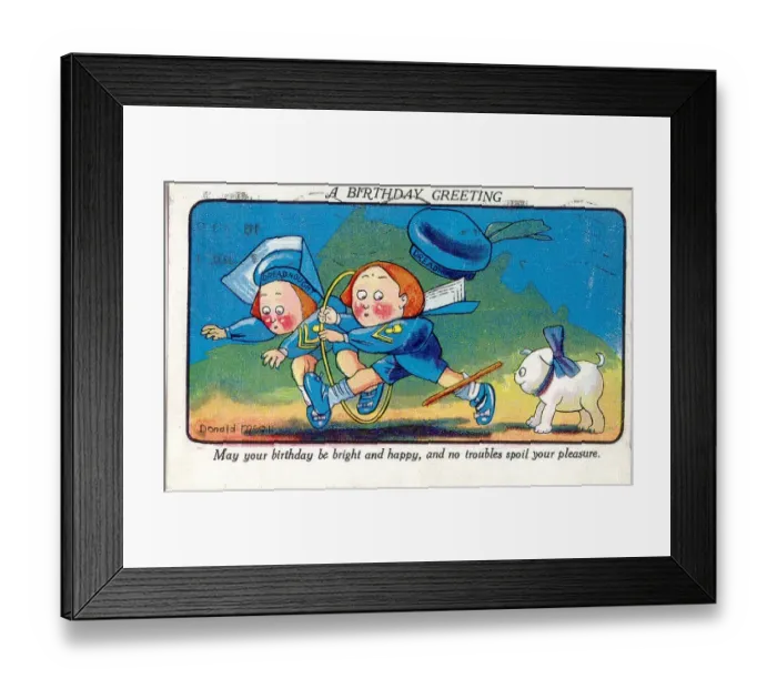 Framed Print : Comic birthday postcard, Two children in sailor suits Date: 20th century Framed Print : Comic birthday postcard, Two children in sailor suits Date: 20th century