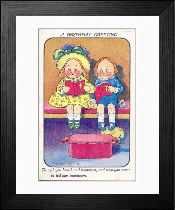 Framed Print : Comic birthday postcard, Two children in church Framed Print : Comic birthday postcard, Two children in church