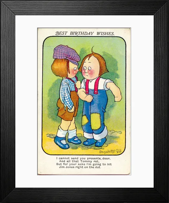Framed Print : Comic birthday postcard, Two boys about to fight Date: 20th century Framed Print : Comic birthday postcard, Two boys about to fight Date: 20th century