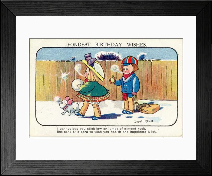 Framed Print : Comic birthday postcard, Two children in the snow Date: 20th century Framed Print : Comic birthday postcard, Two children in the snow Date: 20th century