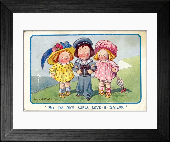 Framed Print : Comic postcard, Two girls with a sailor Date: 20th century Framed Print : Comic postcard, Two girls with a sailor Date: 20th century