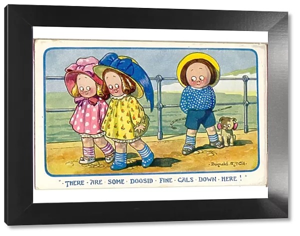 Comic postcard, Two girls and a boy at the seaside Date: 20th century