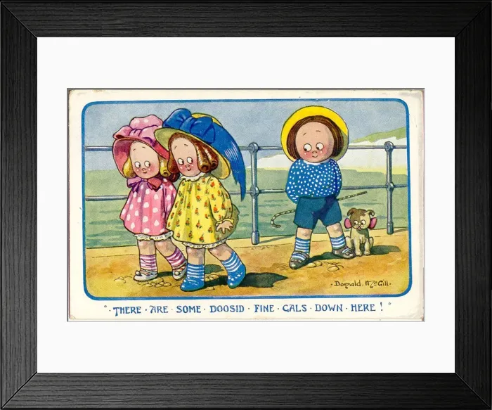 Framed Print : Comic postcard, Two girls and a boy at the seaside Date: 20th century Framed Print : Comic postcard, Two girls and a boy at the seaside Date: 20th century